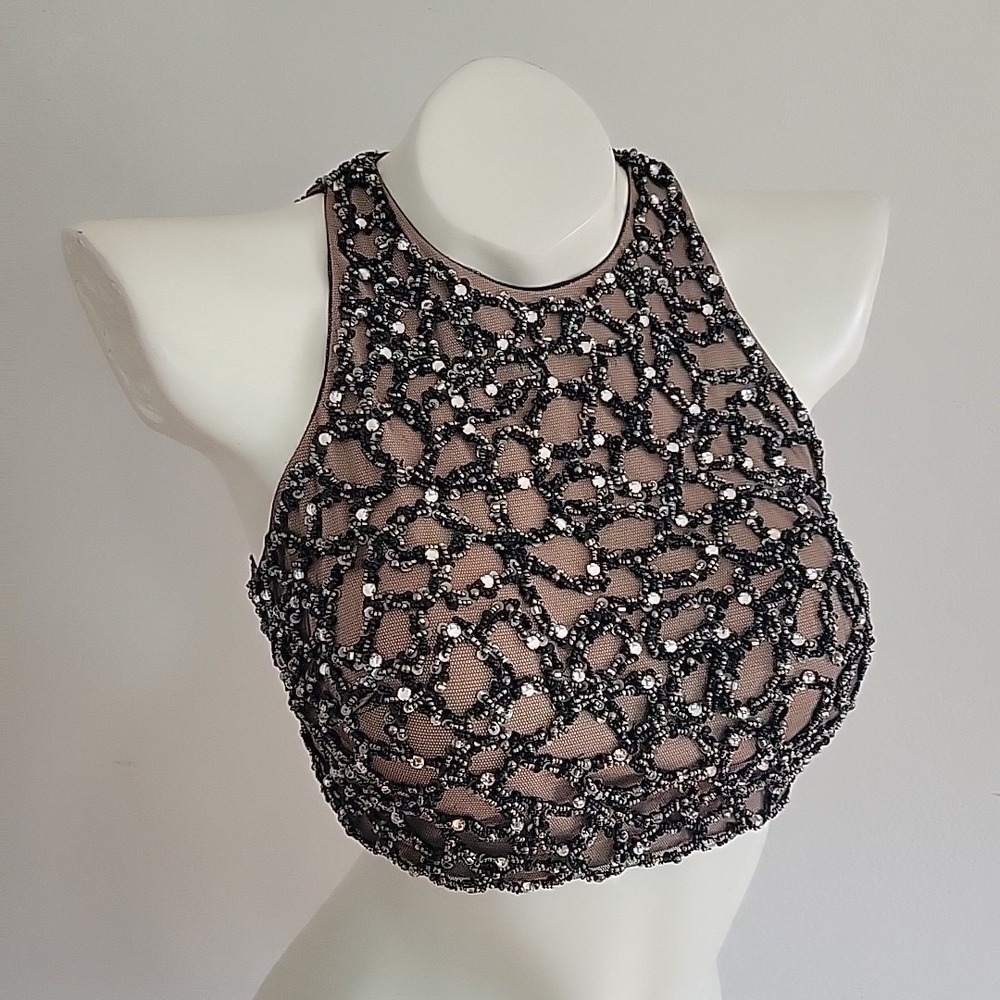 Terani Couture Gown 2 Black Two Piece Beaded High Neck Crop Top Organza Skirt - Picture 4 of 13